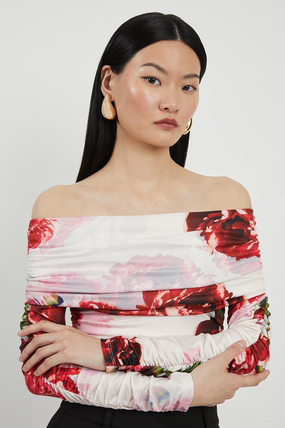Rose Print Drapey Crepe Jersey Bardot Bodysuit
