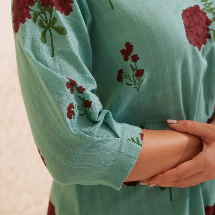 Teal Cotton Hand Block Floral Print Kurta Set