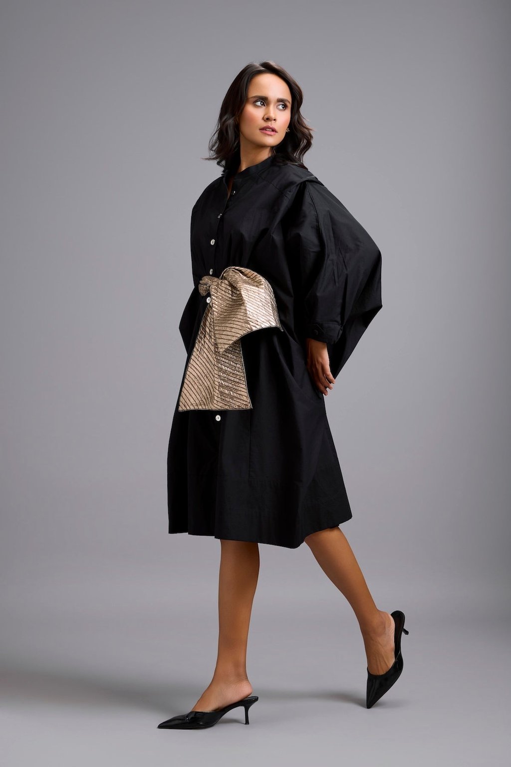 Button-Down Midi Dress with Bow Belt