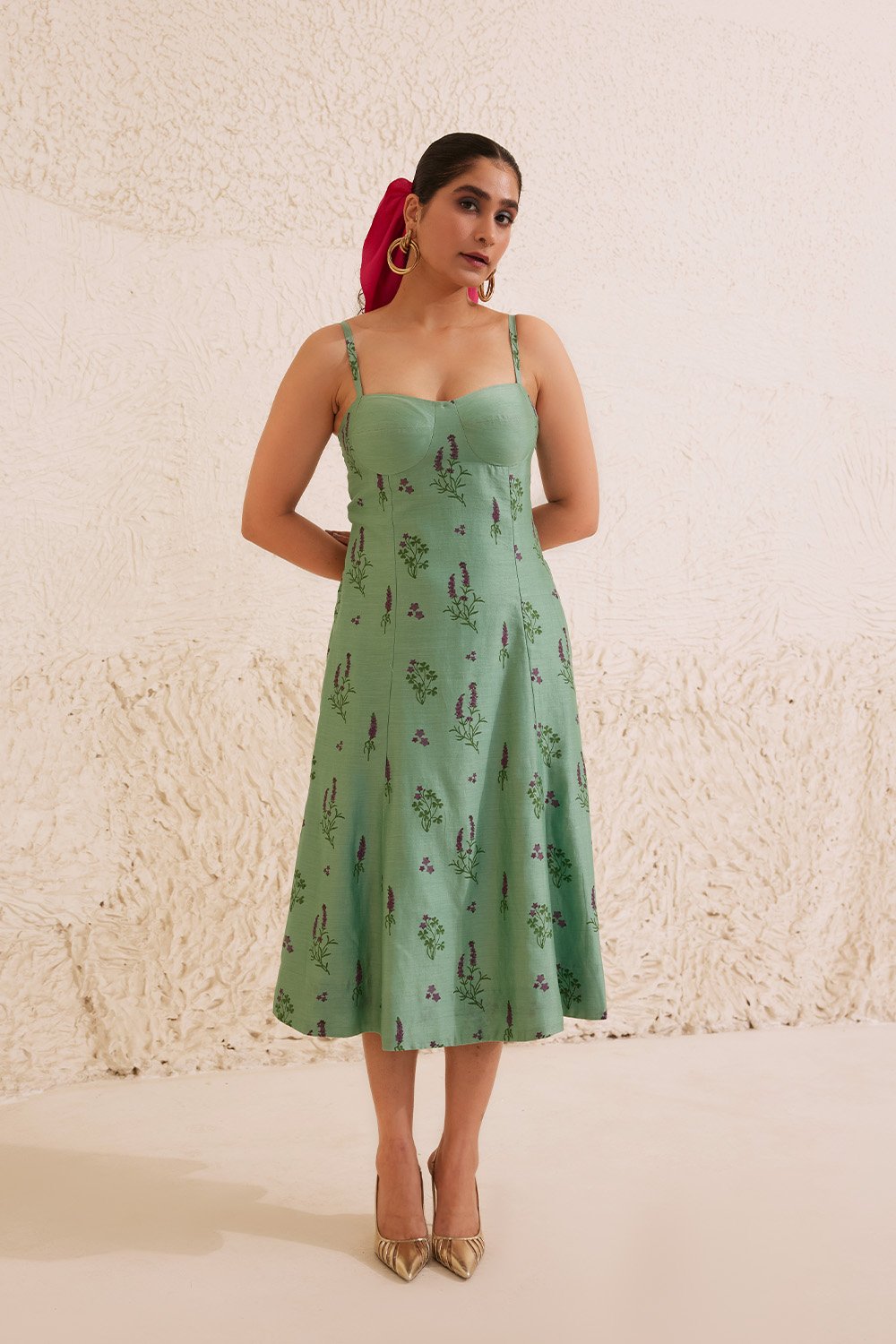 Teal Chanderi Hand Block Floral Dress