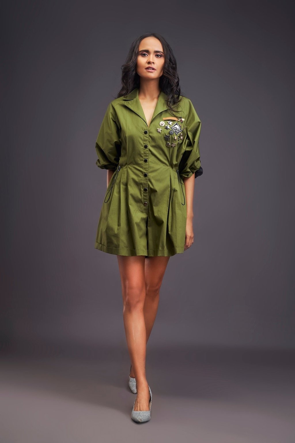 Lapel Collared Pleated Playsuit Green Black