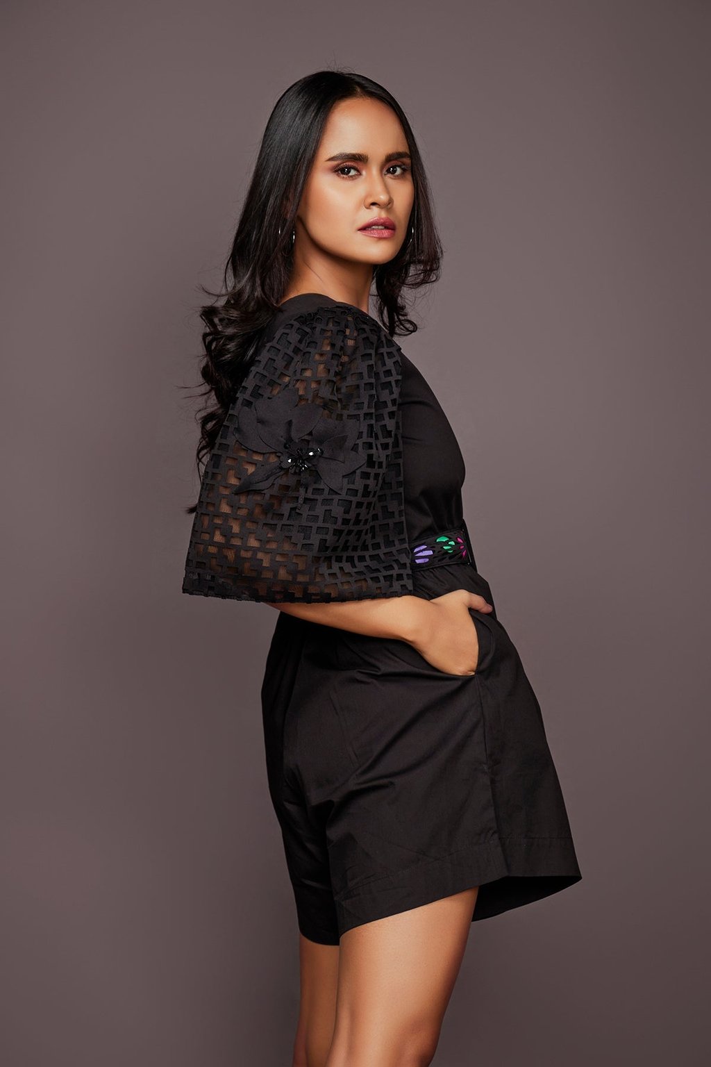 Playsuit with Cutwork Sleeves Petal Belt