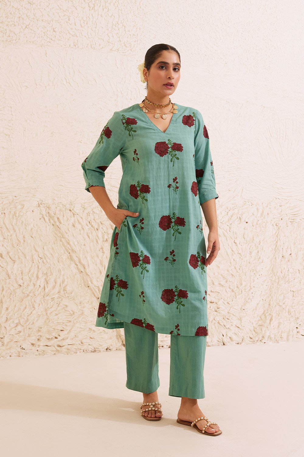 Teal Cotton Hand Block Floral Print Kurta Set