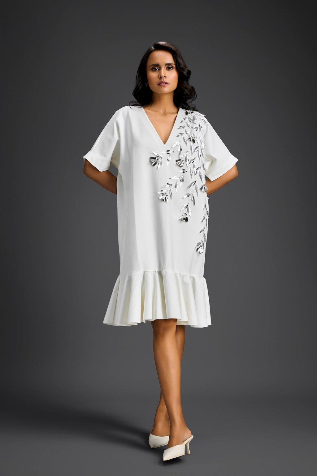 White Short Sleeves Cut-Out Embroidered Dress