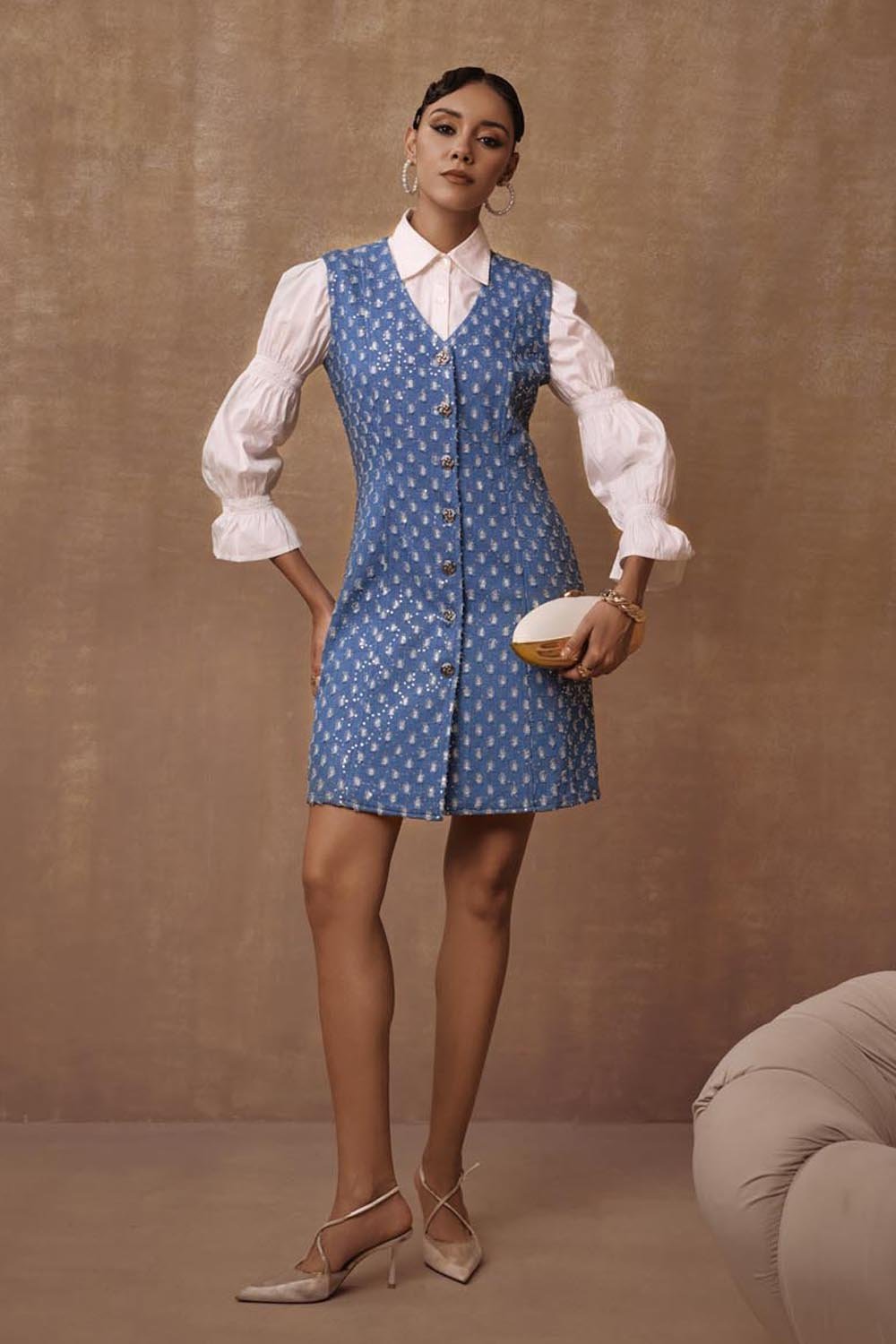 Mettalic Denim Waistcoat Dress