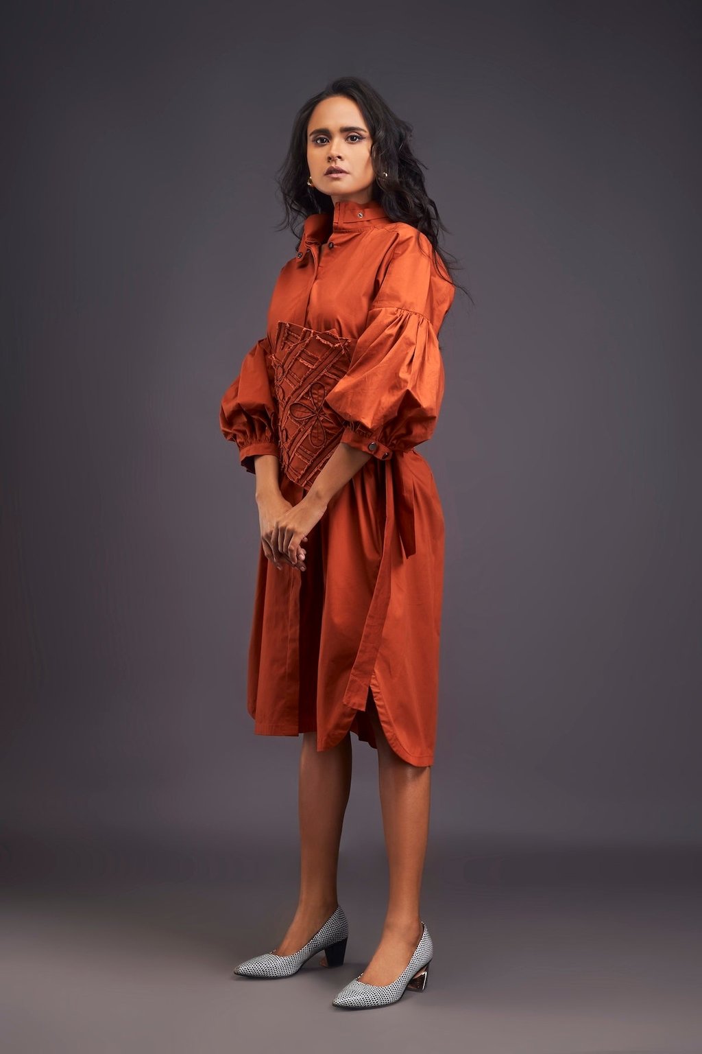 Shirt Dress with Applique Corset Style Tie up Belt