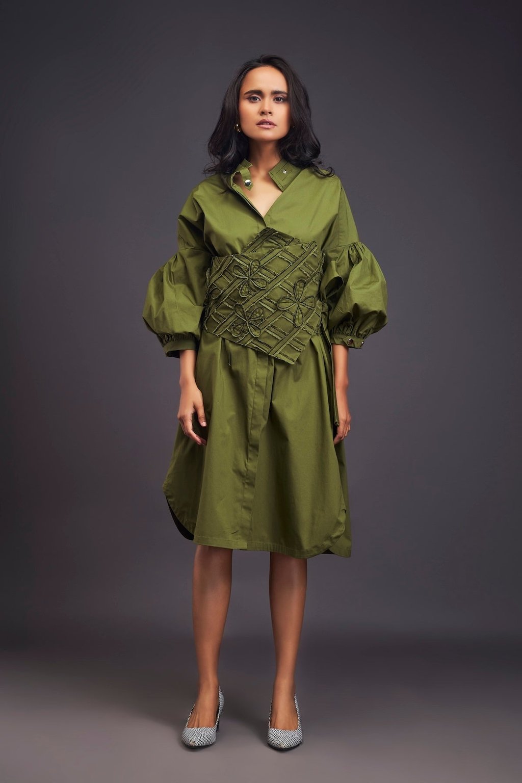Shirt Dress with Applique Corset Style Tie up Belt