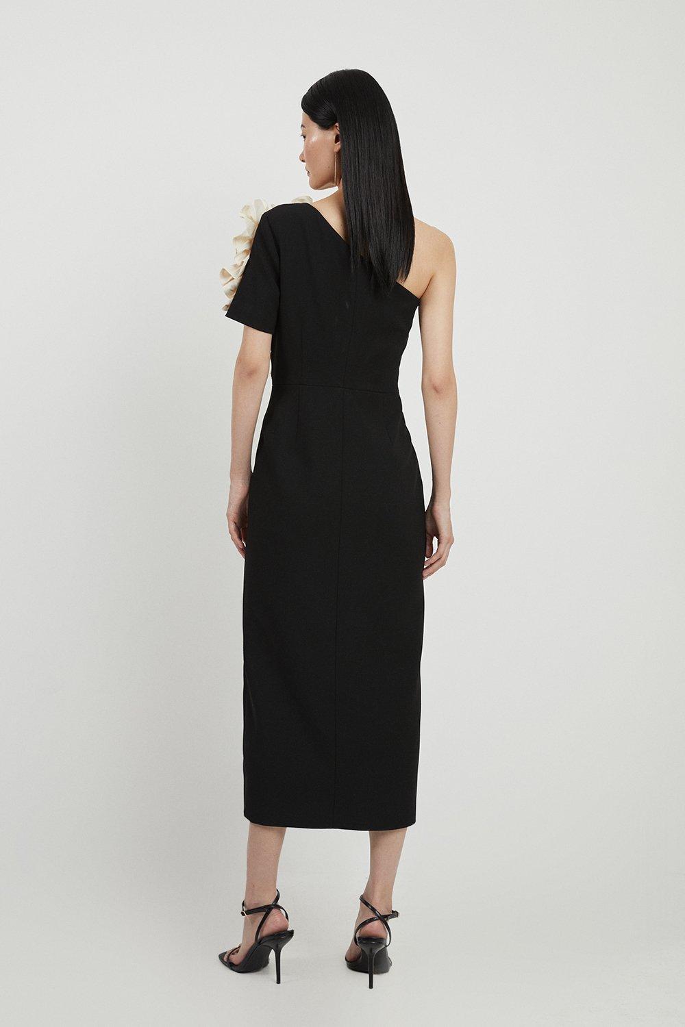 Compact Stretch Taffeta Ruffle One Shoulder Midi Dress