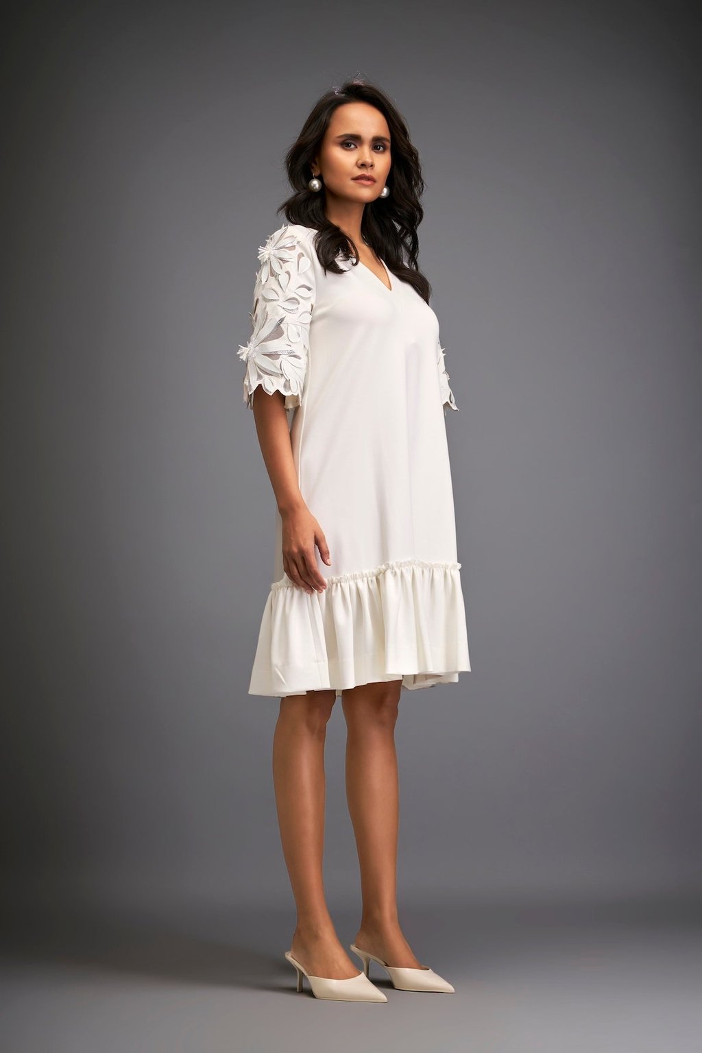 V-Neck Dress With Leaf-Patterned Sleeves