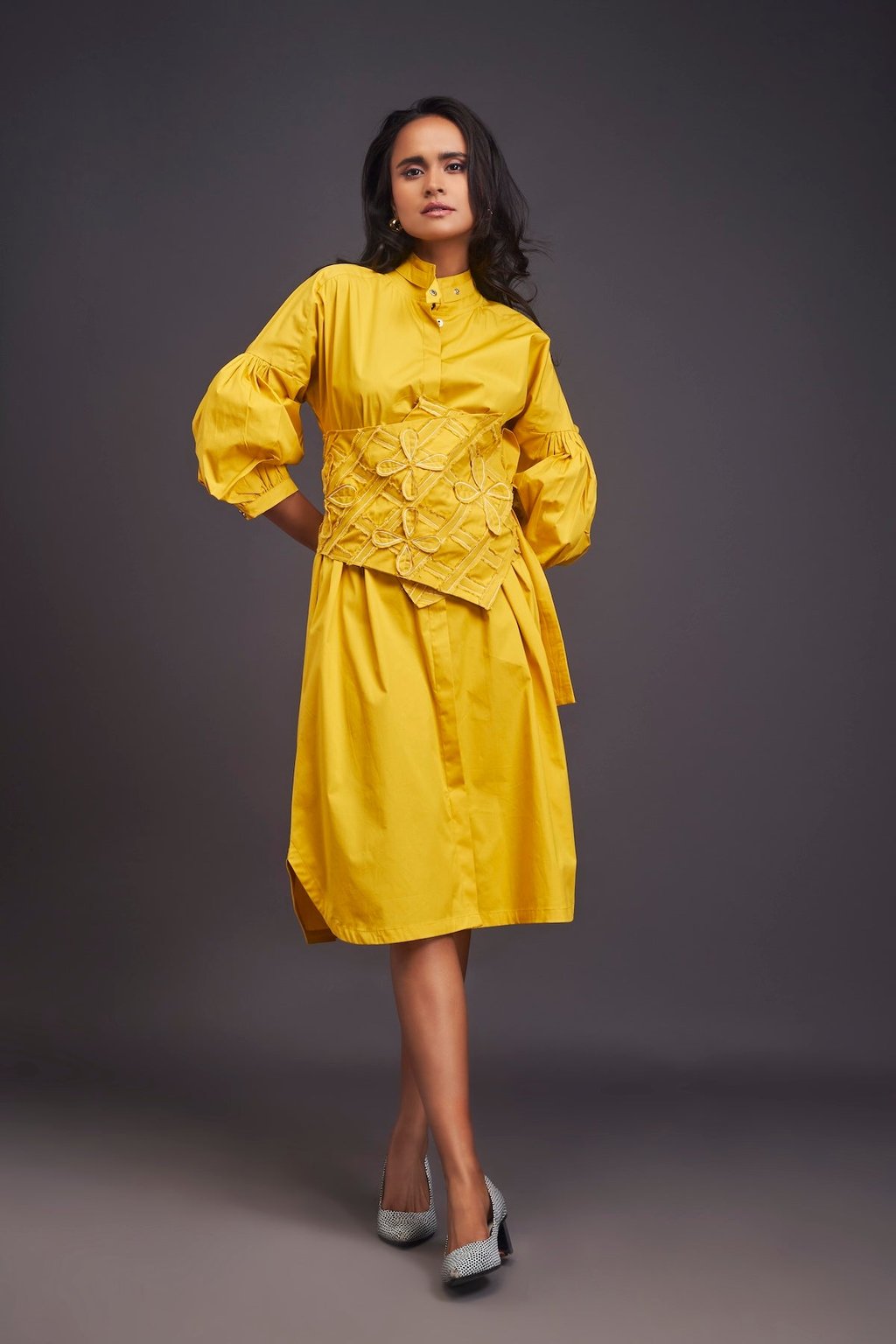 Shirt Dress with Applique Corset Style Tie up Belt