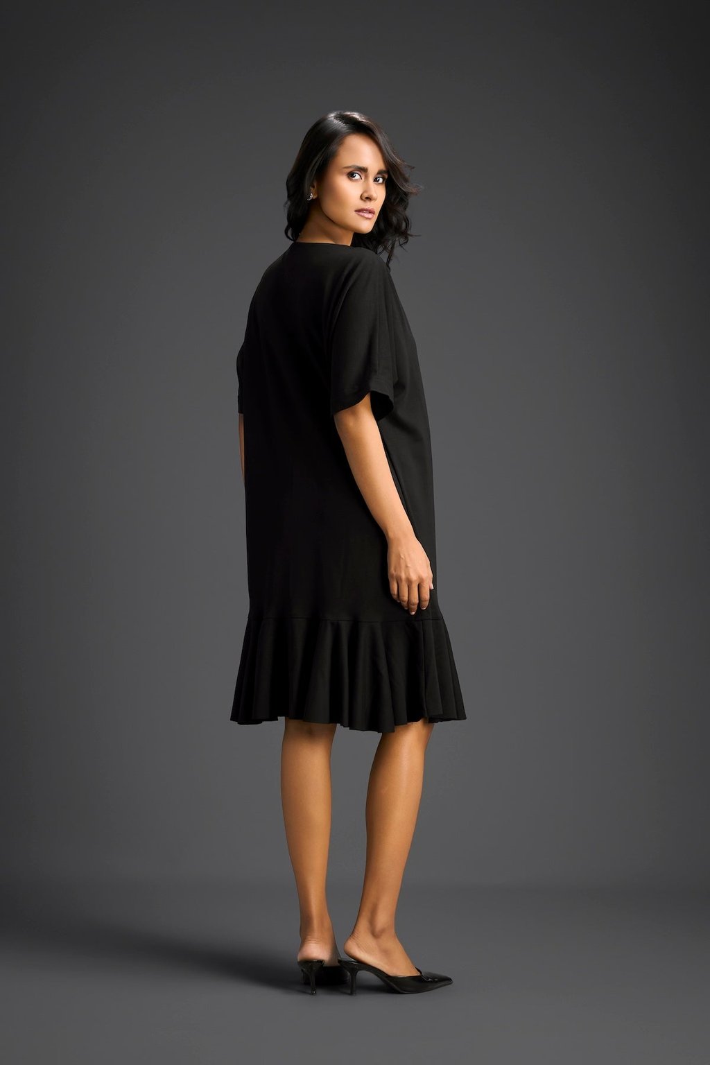 Black Short Sleeves Cut-Out Embroidered Dress