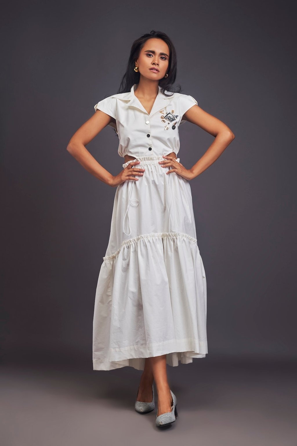 Lapel Collar Long Dress with Side Cutouts