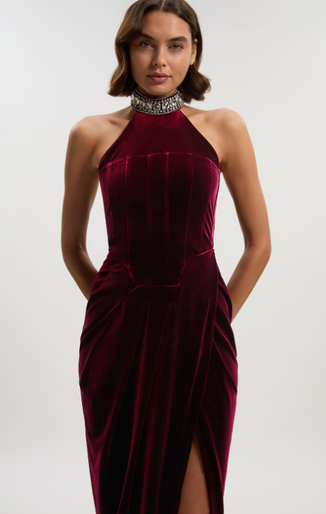 Tailored Velvet Halter Embellished Neck Midi Dress