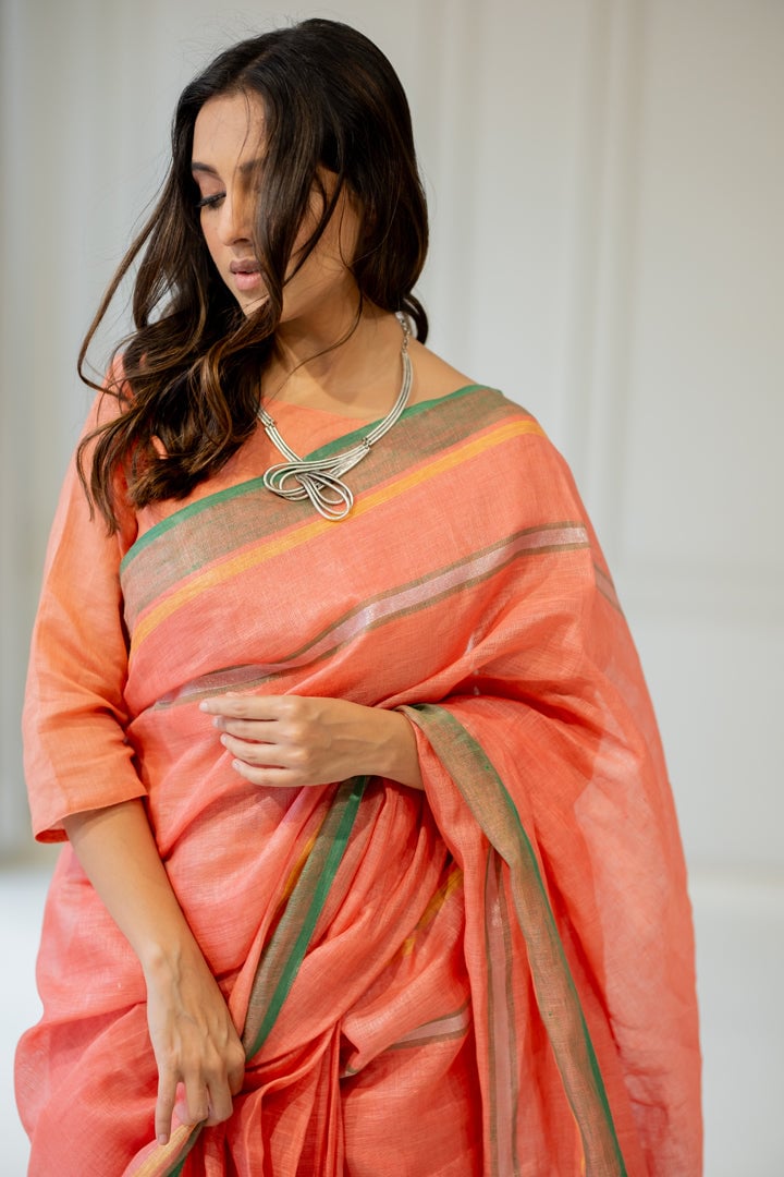 Tropical Apricot Linen Saree