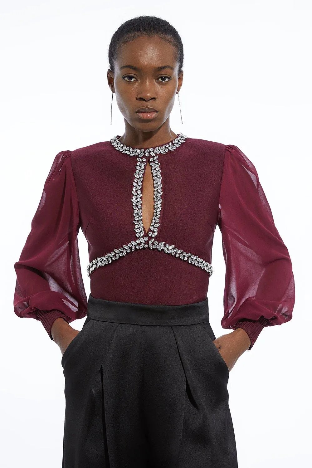 Bandage Embellished and Chiffon Sleeve Figure Form Knit Top