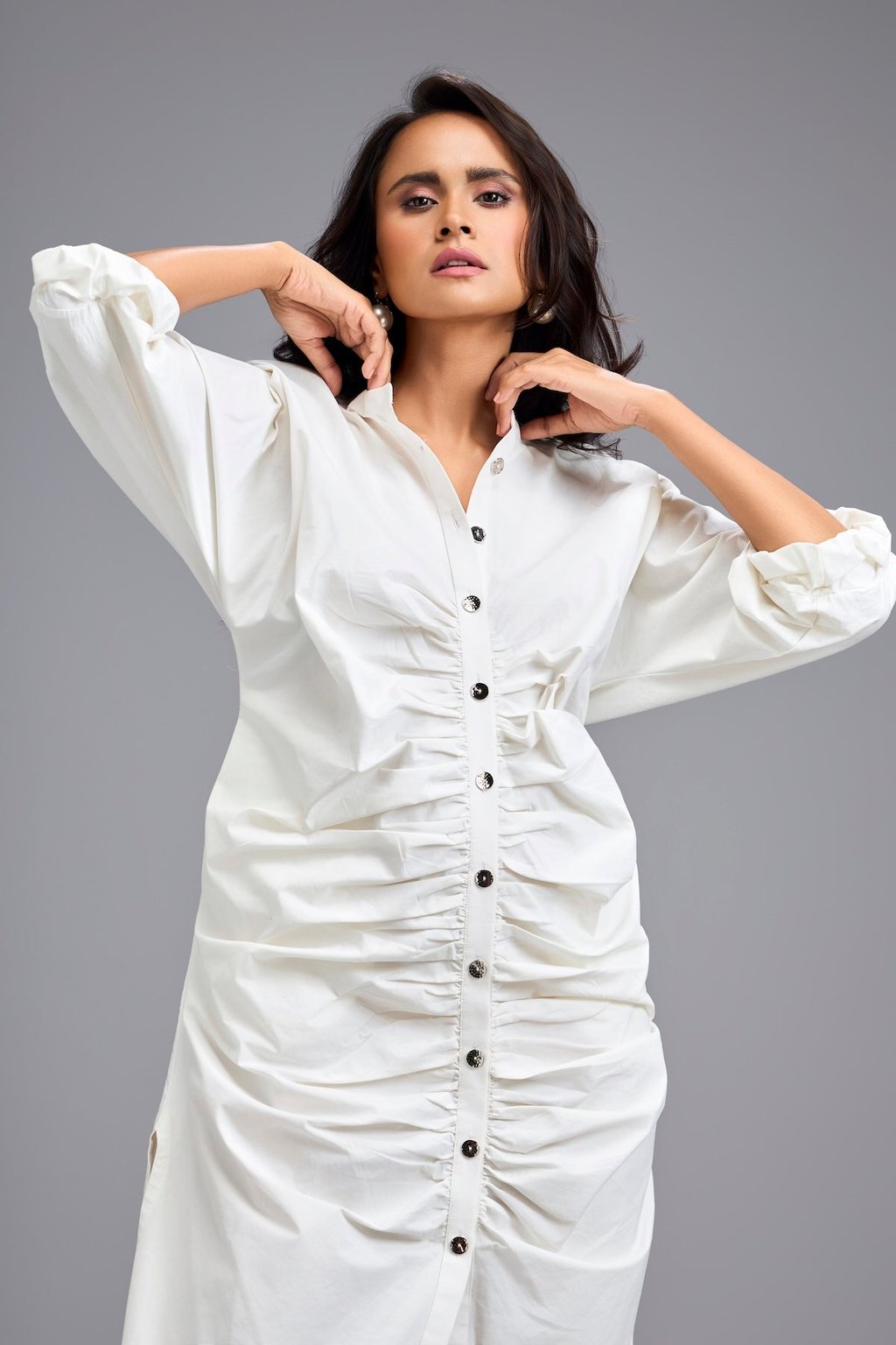 White Ruched Button-Down Shirt Dress