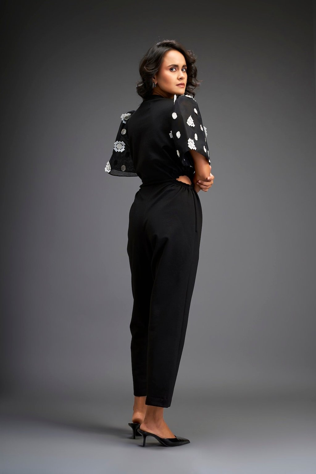 Black Embroidered Sleeves Jumpsuit with Belt