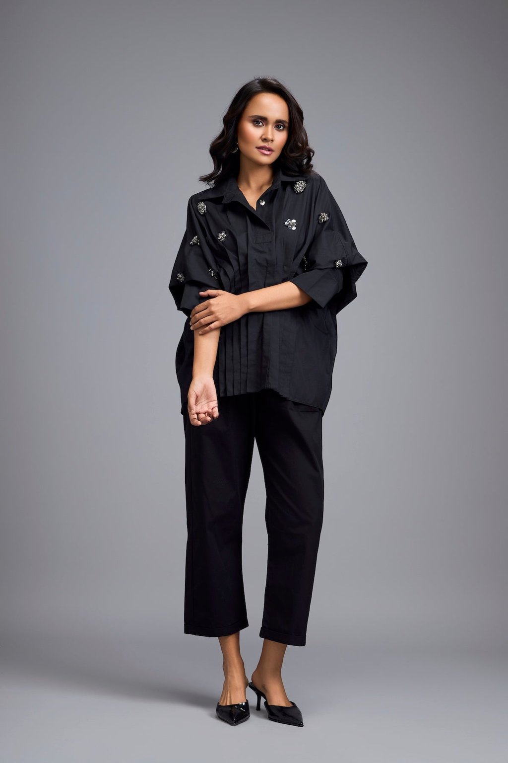 Black Embellished Button-Down Shirt with Pants