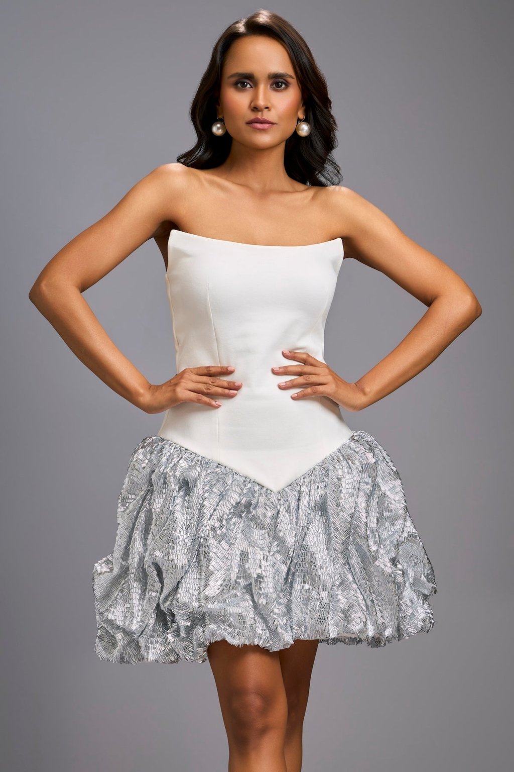 Strapless White Dress with Shimmer Ruched Bottom