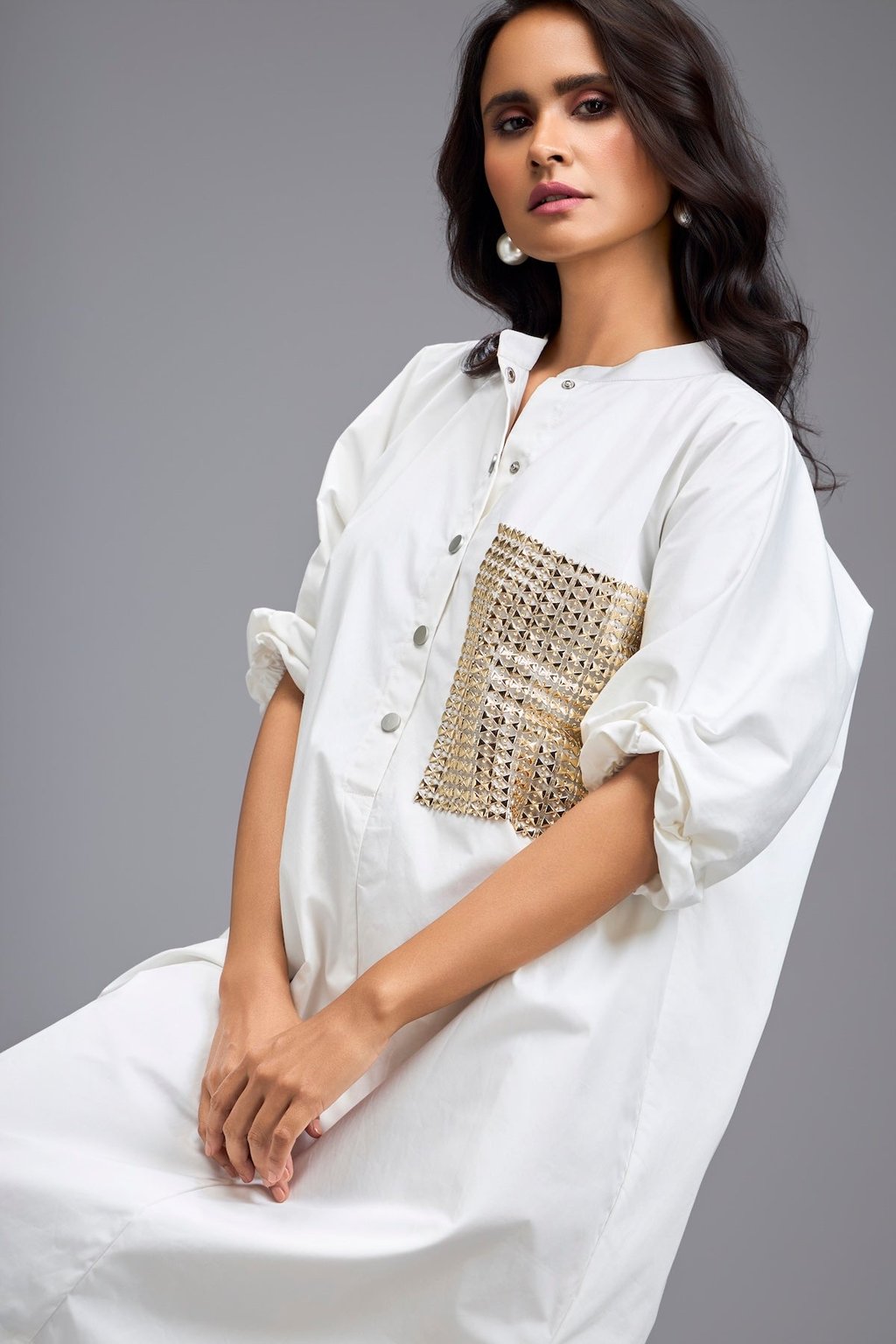 White Oversize Shirt Dress with Embellished Pocket