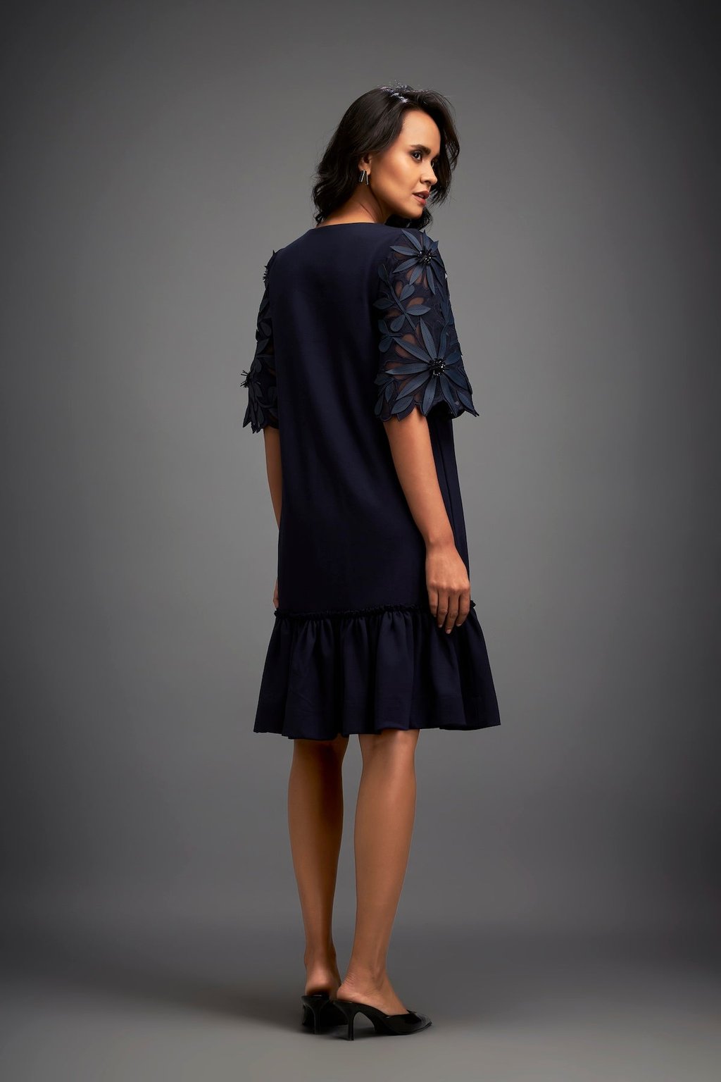 V-Neck Dress With Leaf-Patterned Sleeves