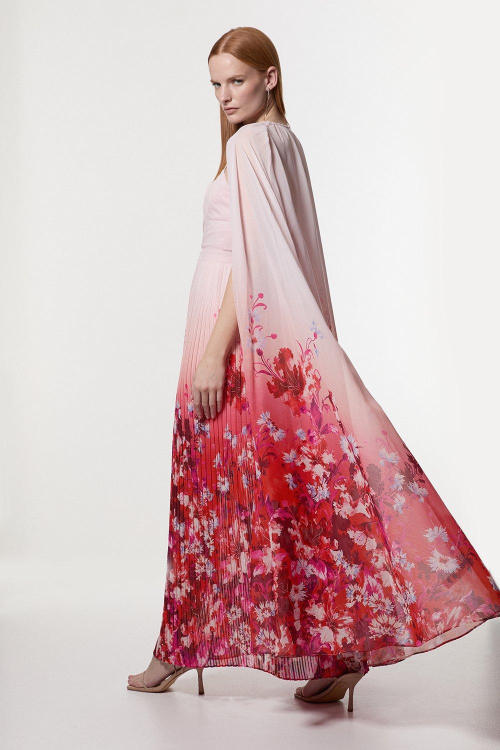 Scattered Floral Print Woven Pleated Cape Maxi Dress