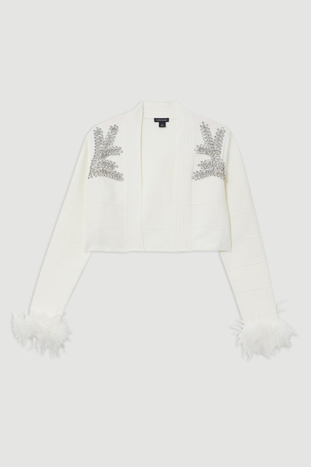 Figure Form Bandage Embellished Feather Cuff Crop Knit Jacket