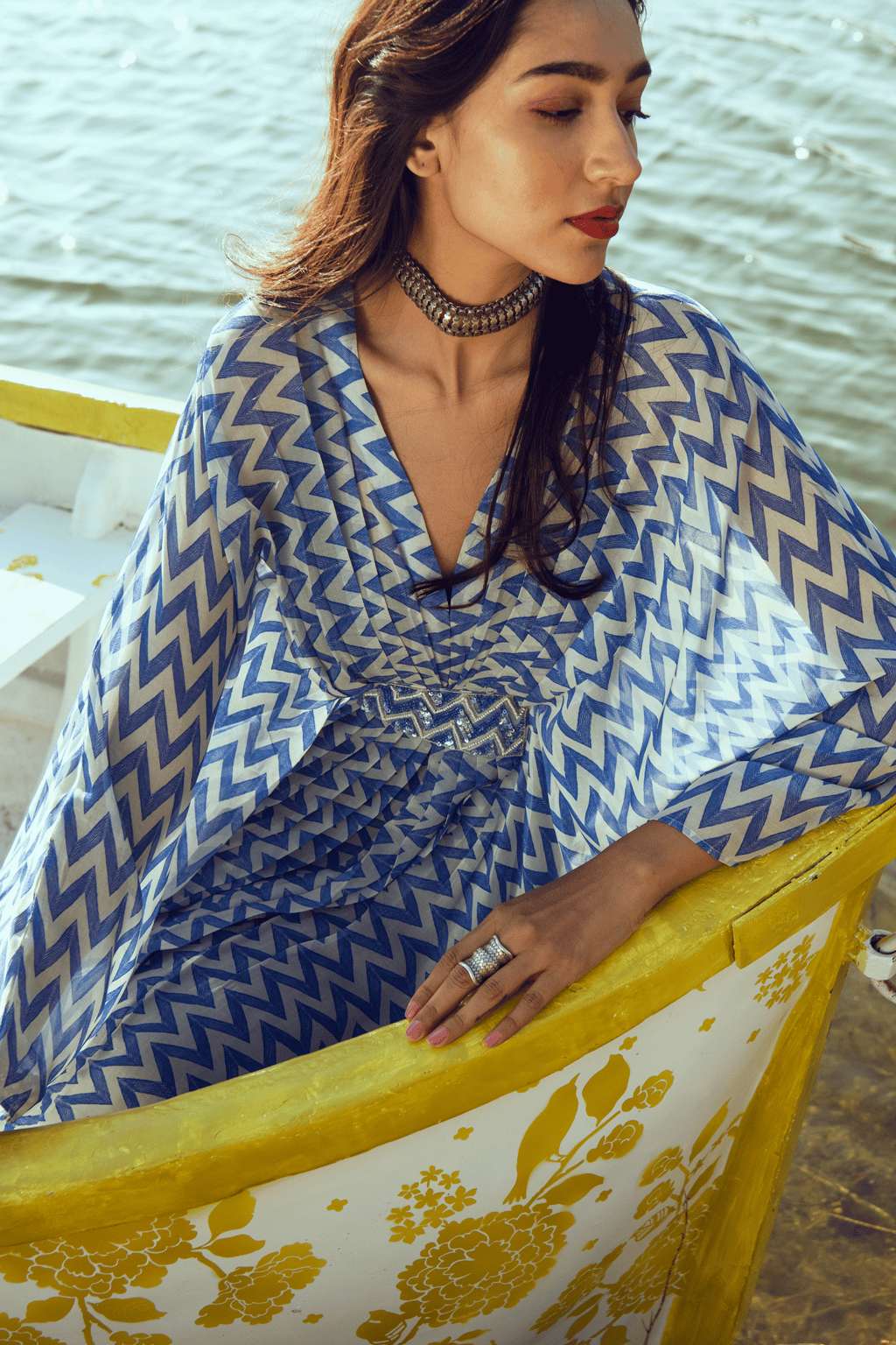 Kaftan White Blue Embroidered