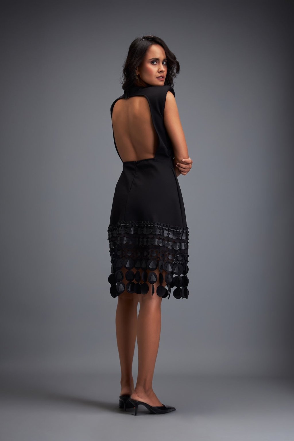 Black Drop Shoulder Dress with Flared Skirt