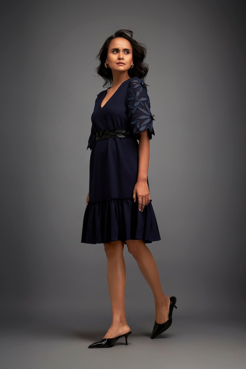 V-Neck Dress With Leaf-Patterned Sleeves