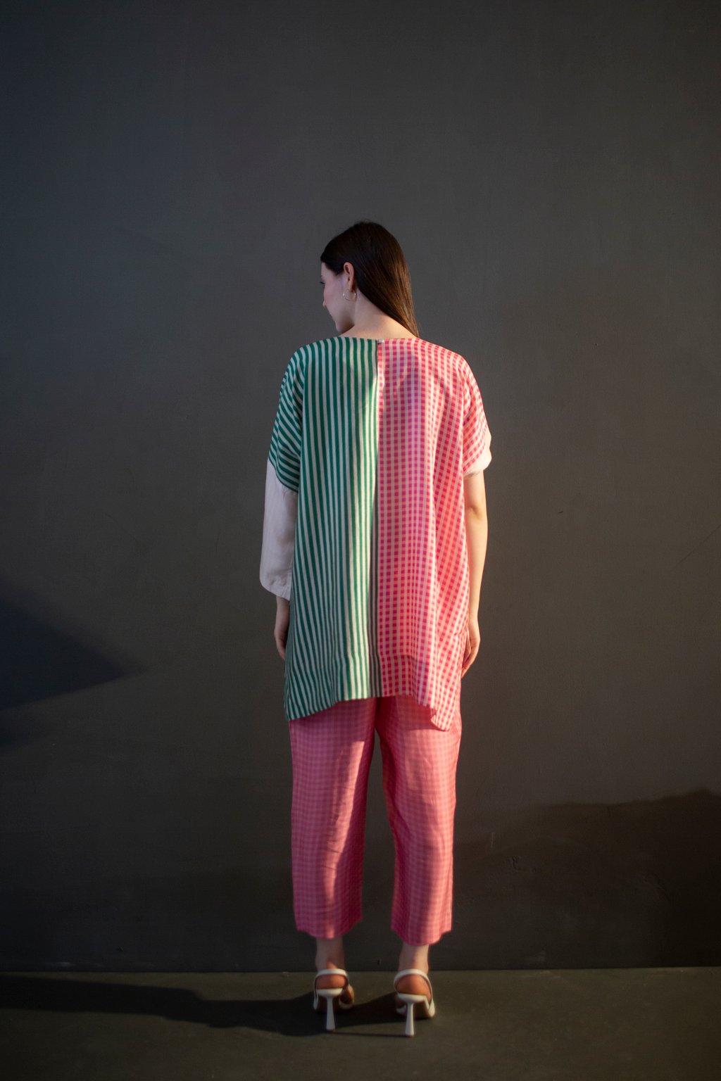 Cream & Pink One Side Kaftan Sleeve Set