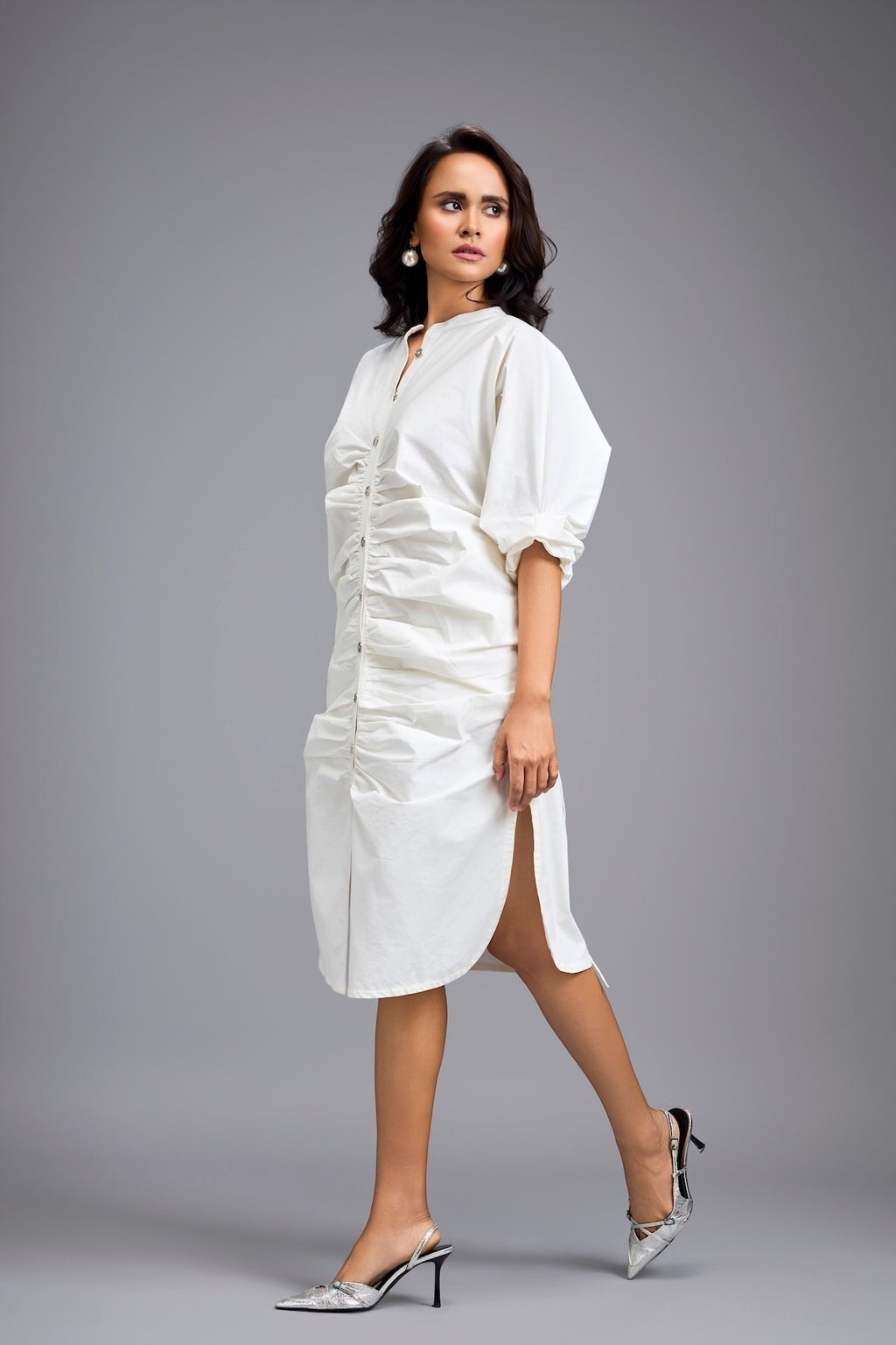 White Ruched Button-Down Shirt Dress
