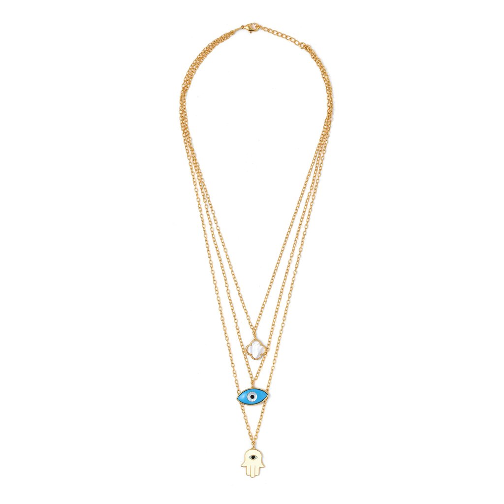 Multi Layer Neckchain - Hamsa, Clover, Evil Eye
