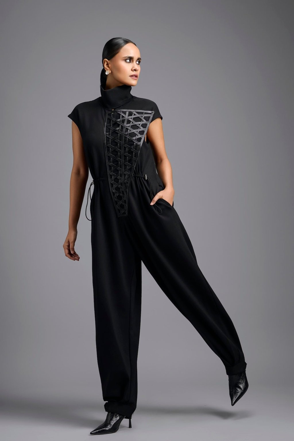 Jumpsuit with Woven Leather Panel