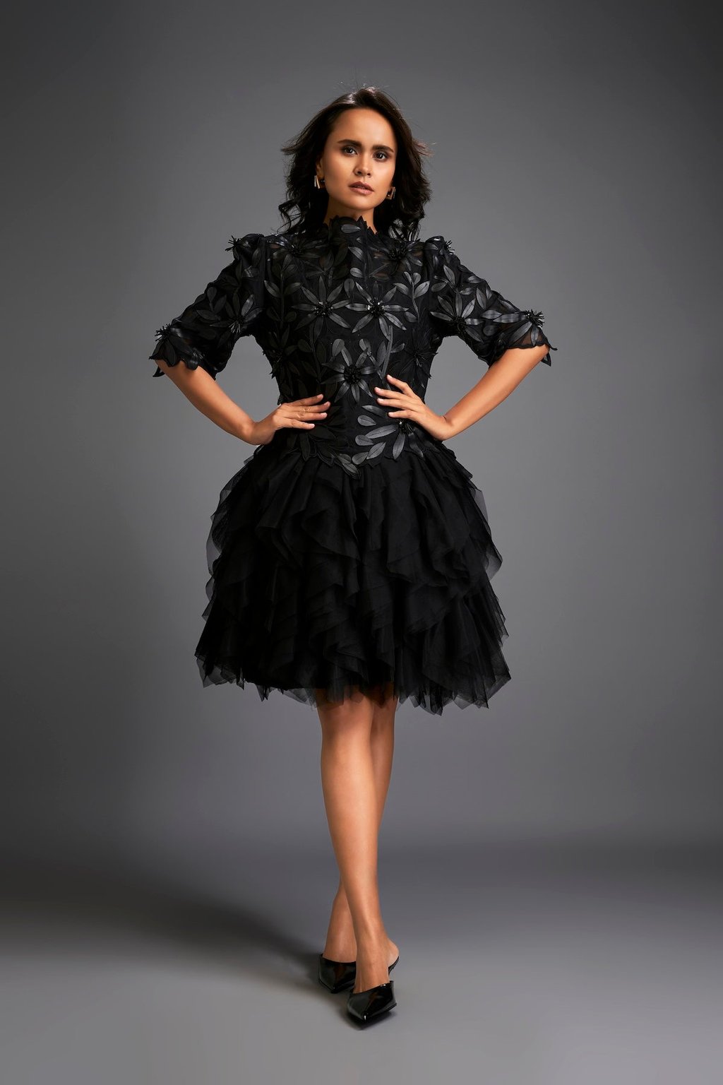 High-Neck Floral Applique Dress