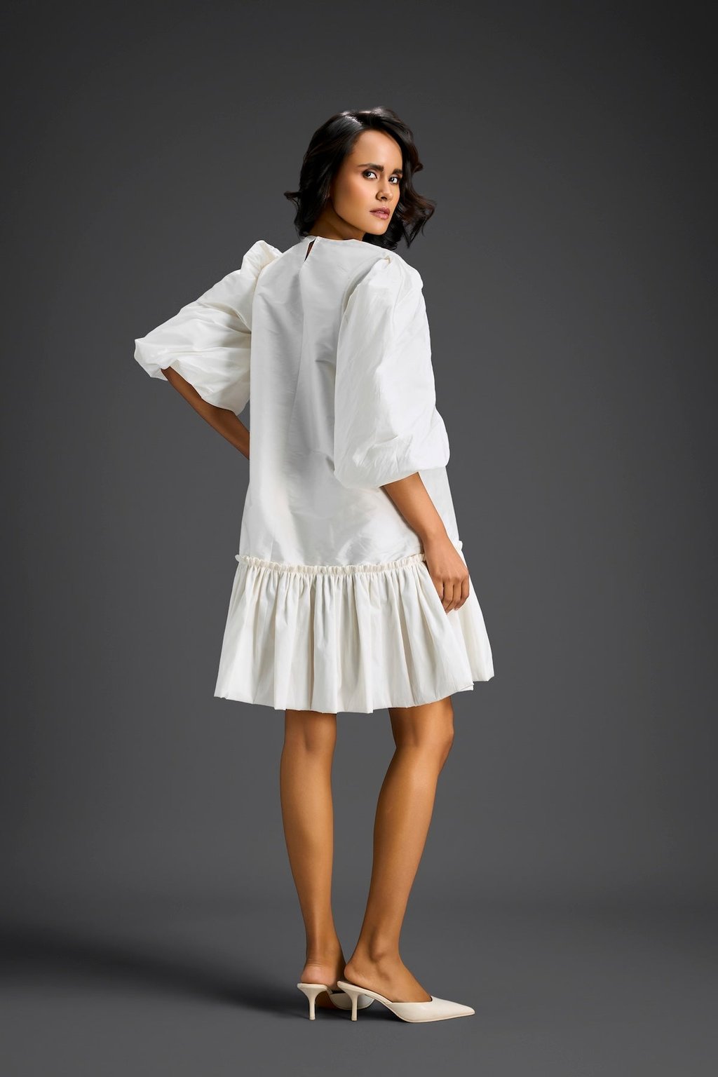 White Puffed Sleeve Cut-Out Embroidered Dress