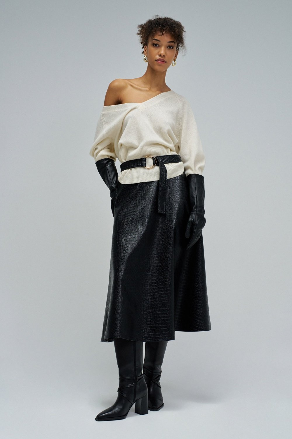 Faux Leather Midi Skirt with Belt