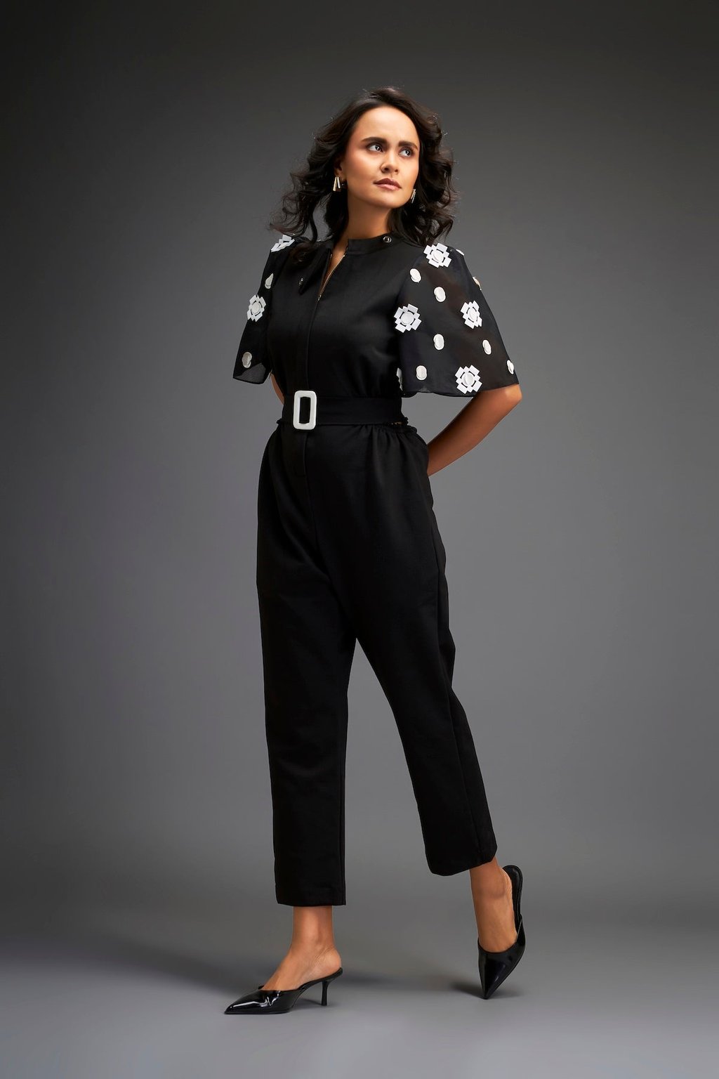 Black Embroidered Sleeves Jumpsuit with Belt