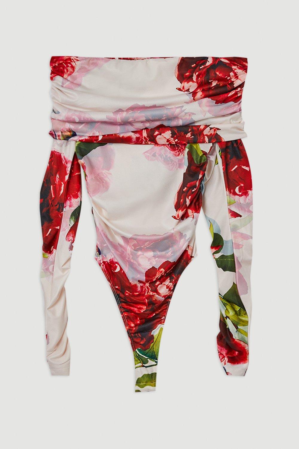 Rose Print Drapey Crepe Jersey Bardot Bodysuit