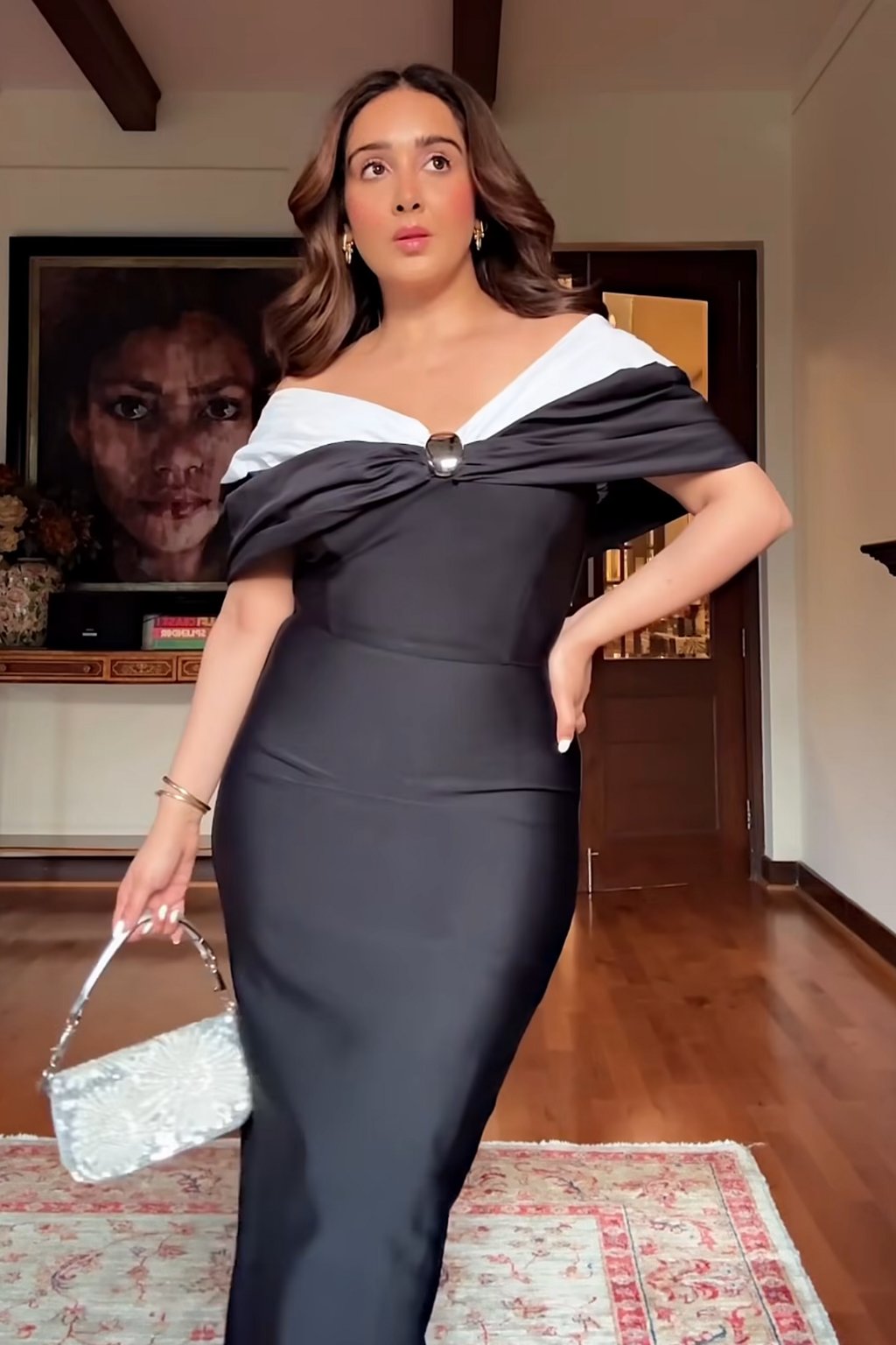 Taffeta Bardot Figure Form Maxi Dress