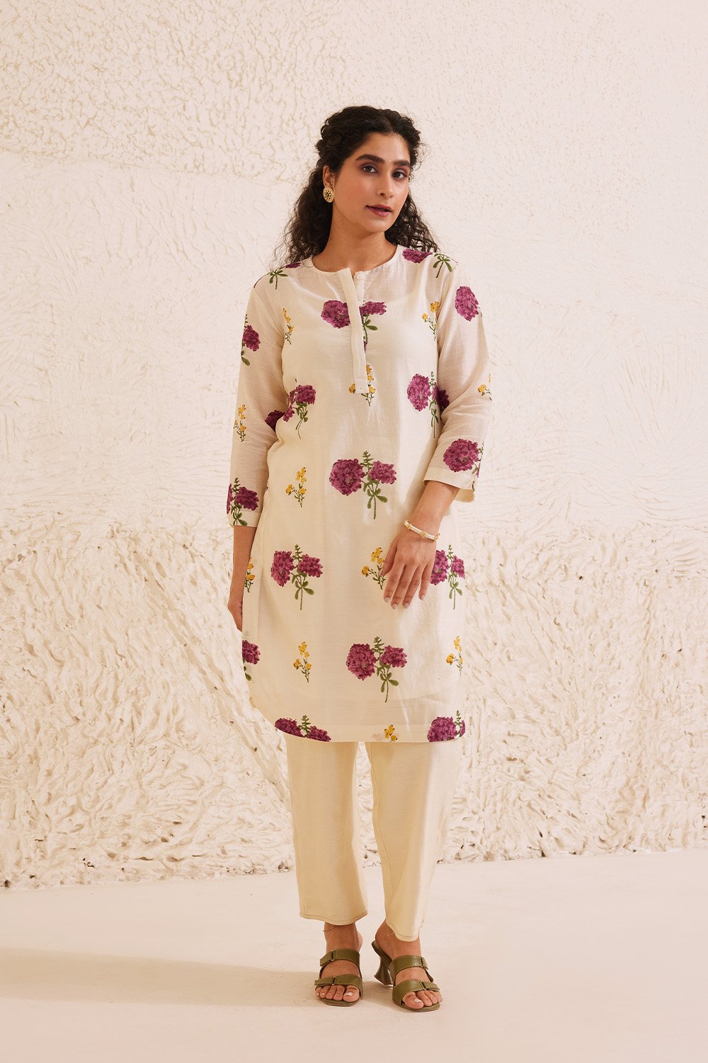 Ivory Chanderi Hand Block Floral Kurta Set