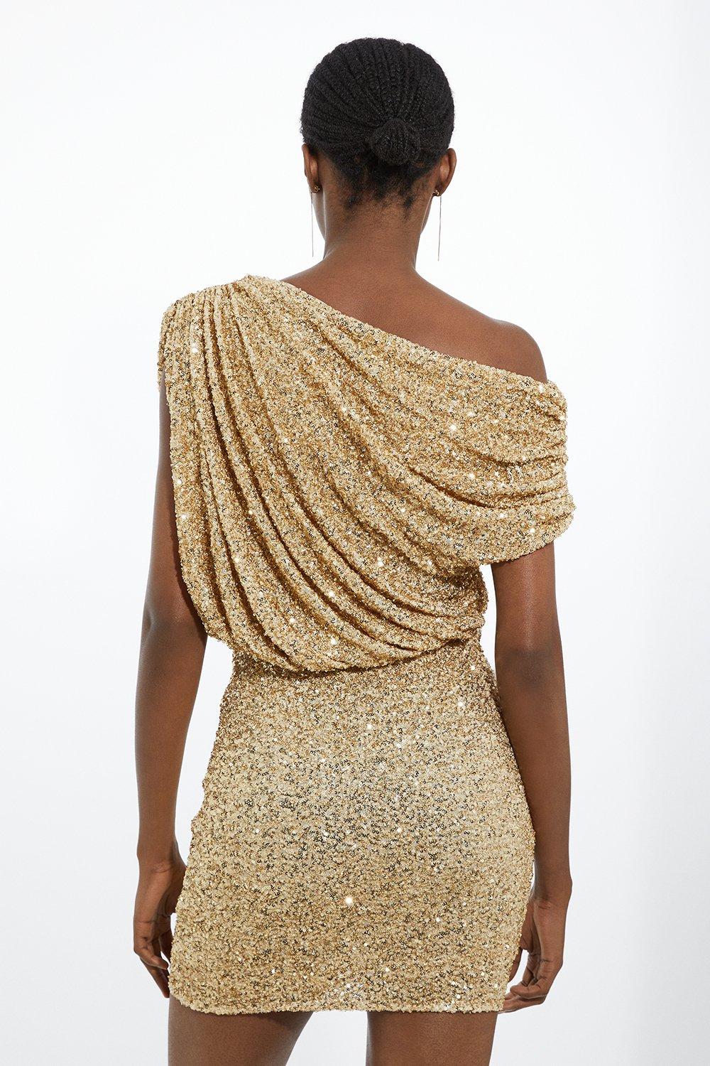 Draped One Shoulder Jersey Stretch Sequin Mini Dress