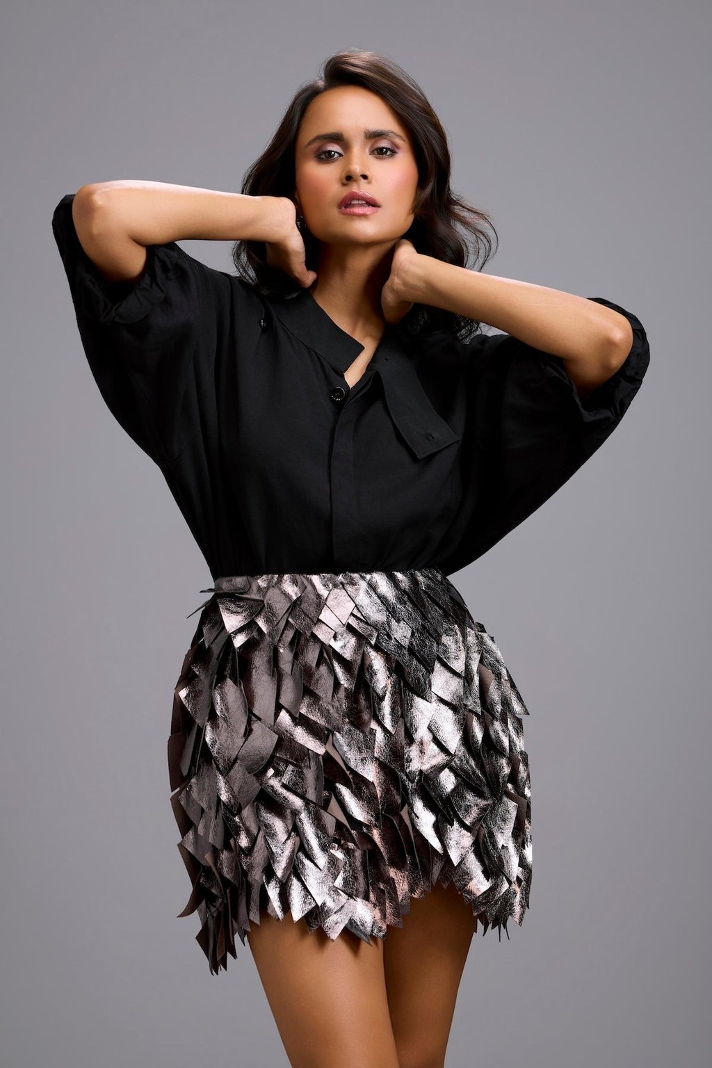 Metallic Mini Skirt with 3d Leaf Appliqu�