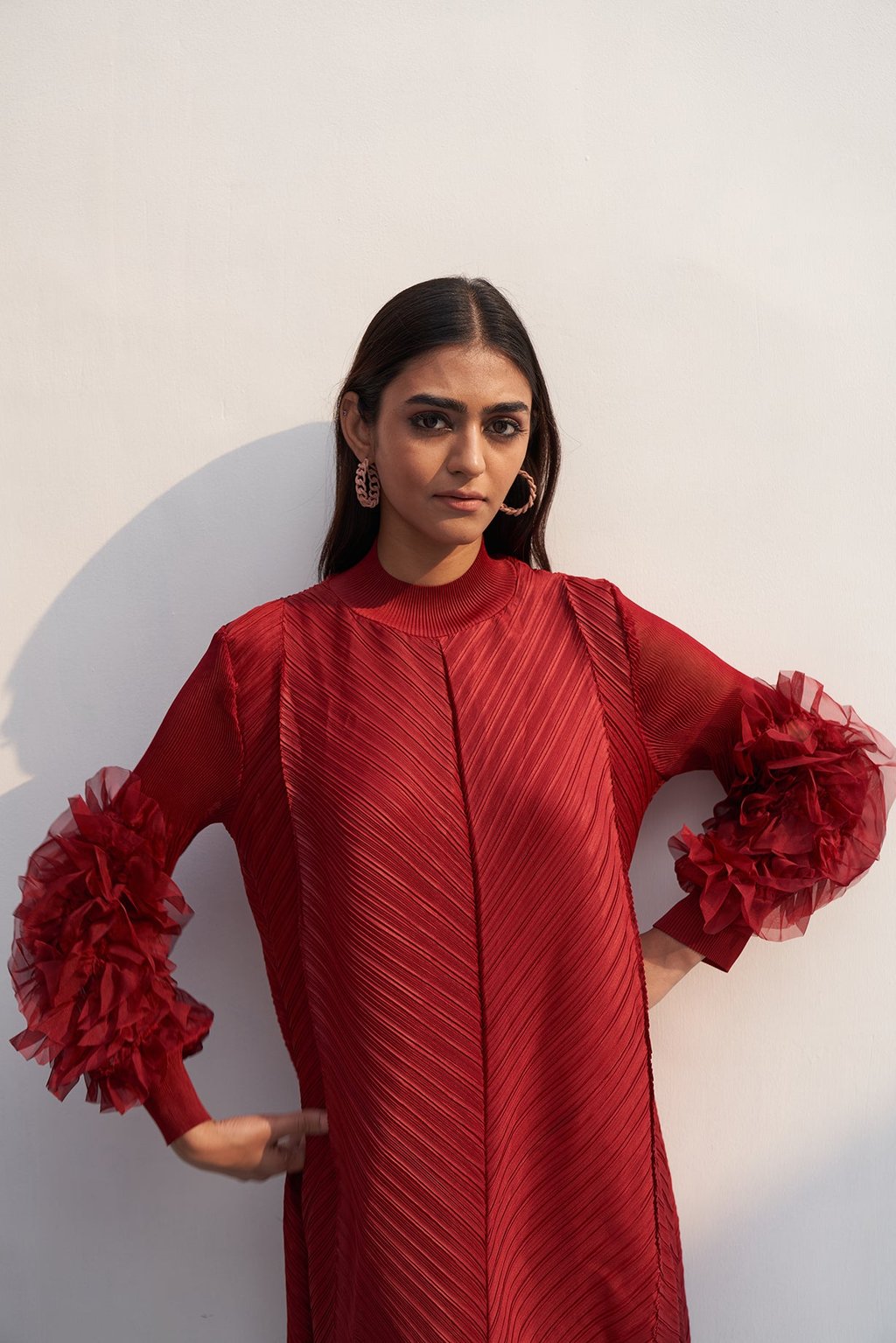 Flower Sleeves Pleat Dress