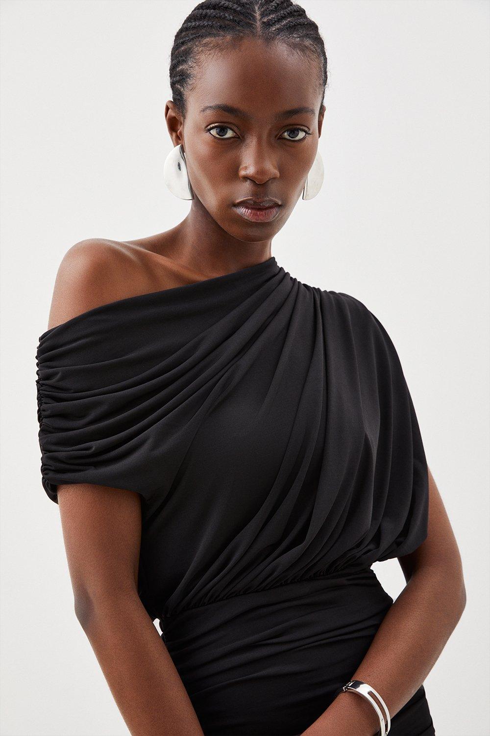 Jersey Crepe Asymmetric Neckline Maxi Dress