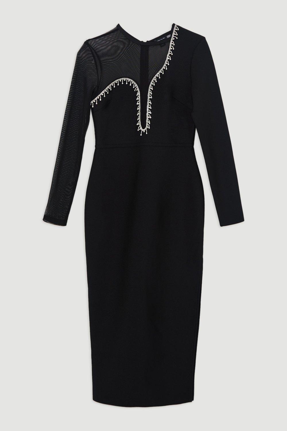 Figure Form Bandage Mesh Detail Asymmetric Trim Midi Dress