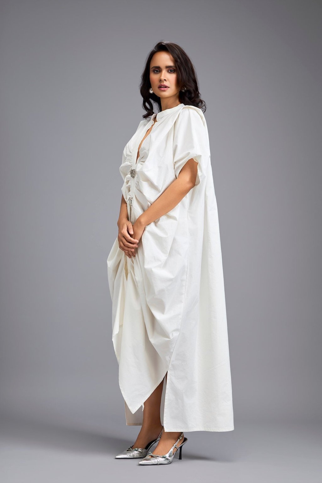 White Draped Kaftan Sleeve Dress with Gold Button
