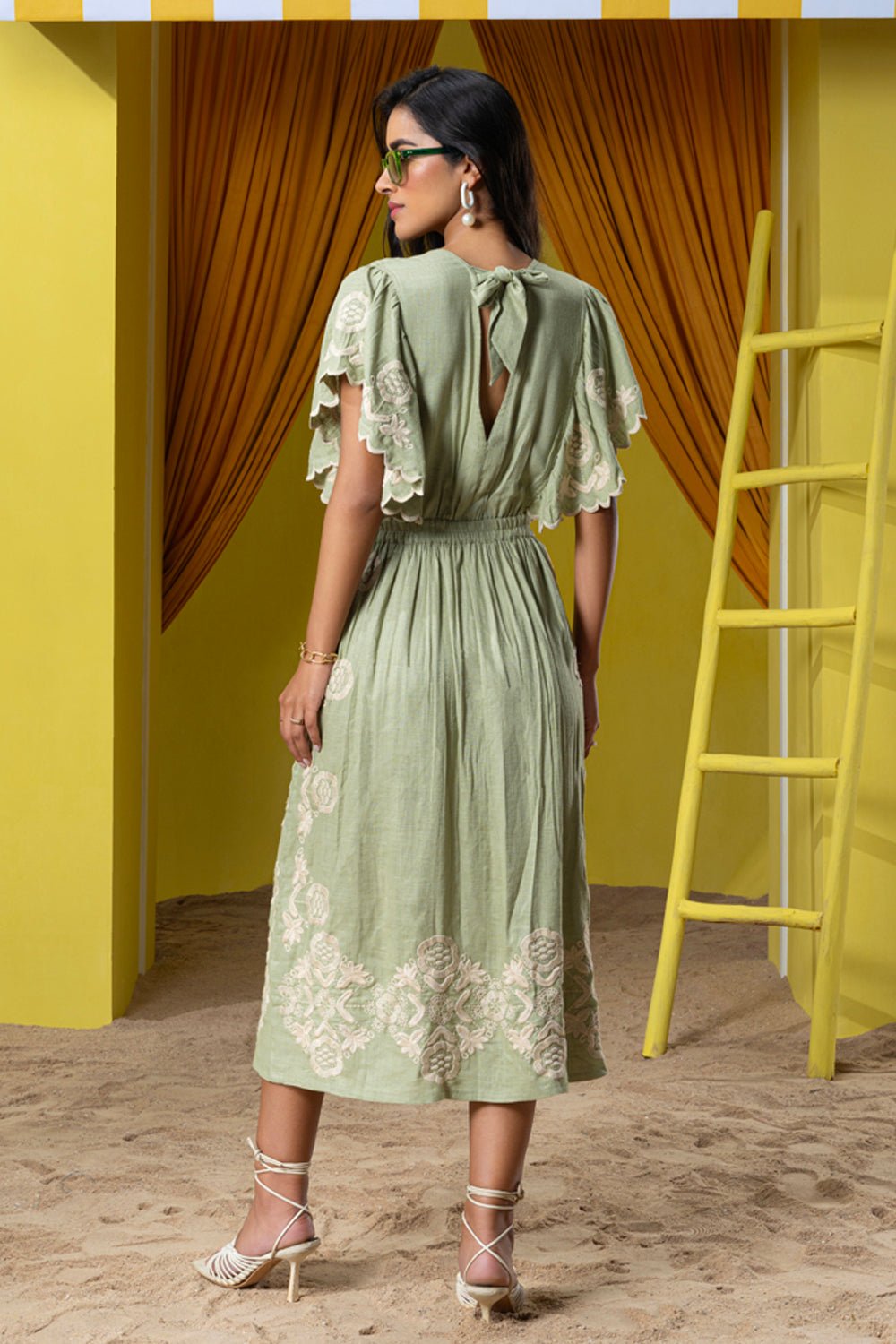 Flutter Sleeved All Over Embroidered Midi Dress