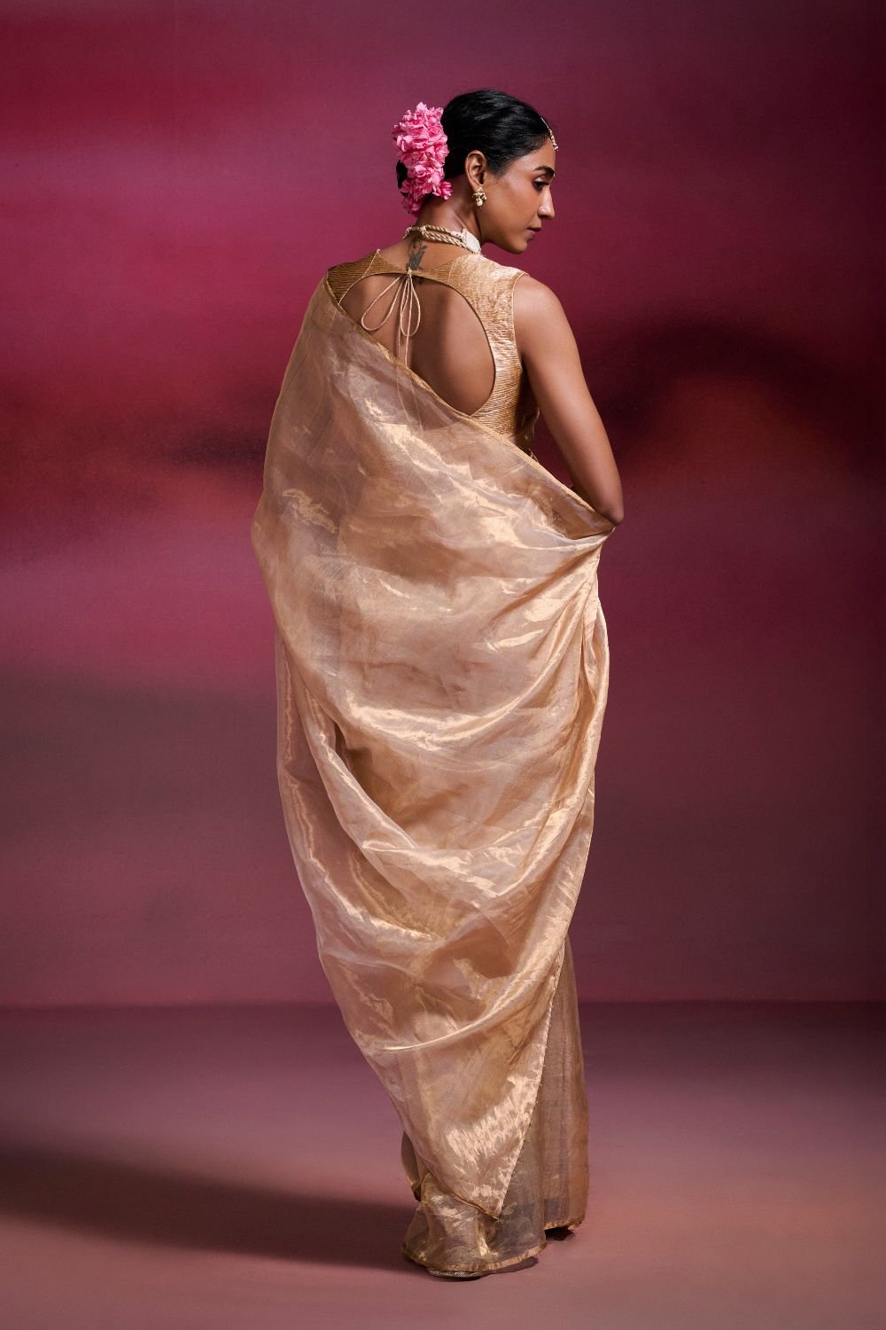 Handwoven Chanderi Tissue Saree in Light Gold