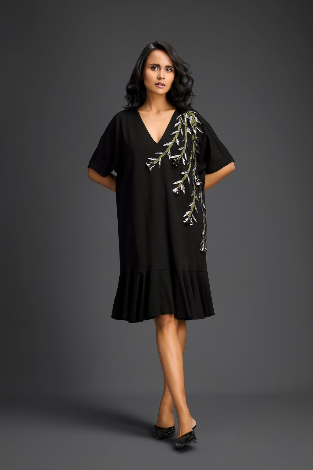 Black Short Sleeves Cut-Out Embroidered Dress